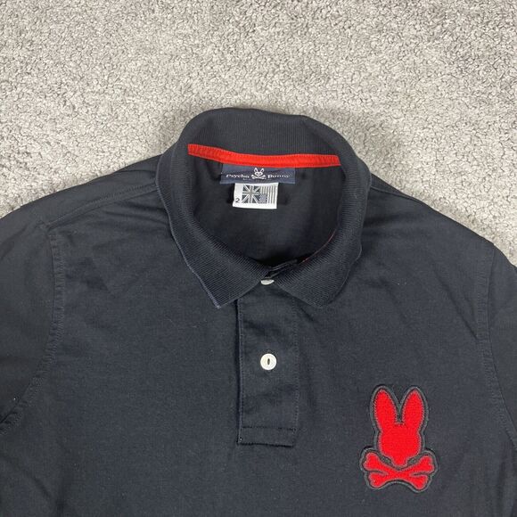 Psycho Bunny Polo Shirt Mens 2 Big Bunny Logo Long Sleeve Black Red XXS - Picture 1 of 14